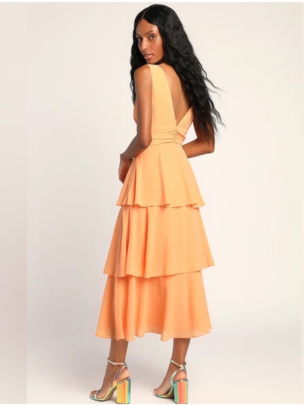 NWOT Lulus Celebration Time Light Orange Sleeveless Tiered Midi Dress Small